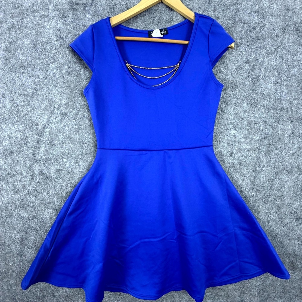 French Atmosphere Mini Dress Womens Large Royal Blue Chain Necklace Skater
